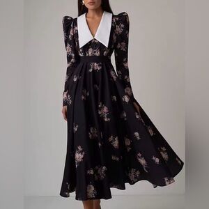 Black Floral Midi Dress with White Collar | Size S | Long Sleeve Zip Dress